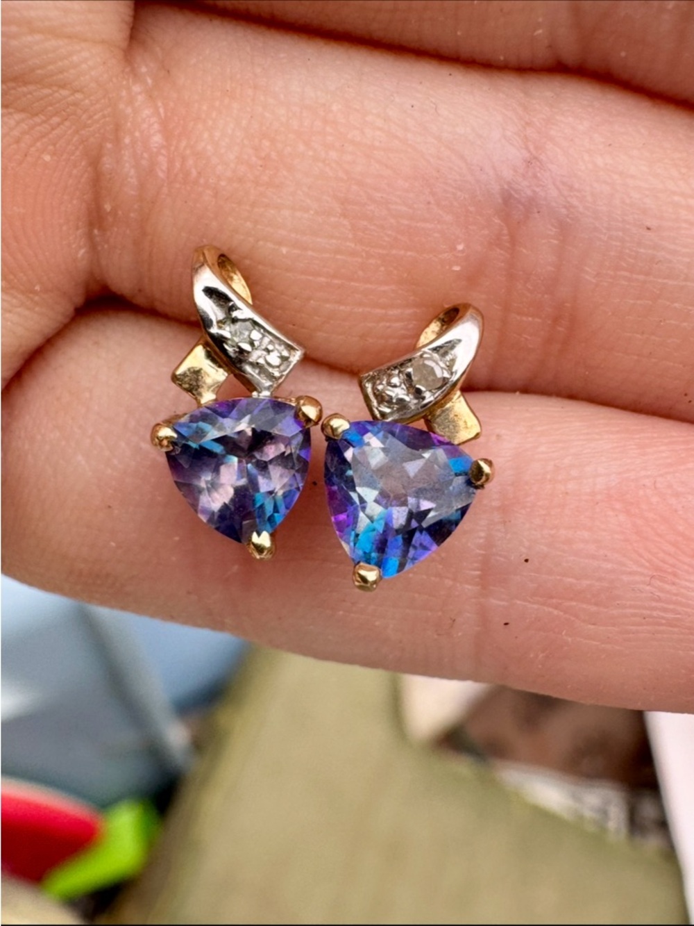 Solid 10k gold genuine diamond/mystic topaz earrings